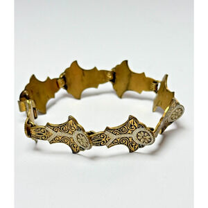 Vintage 7.5" Spanish Damascene Link Panel Bracelet Gold Tone Victorian Revival